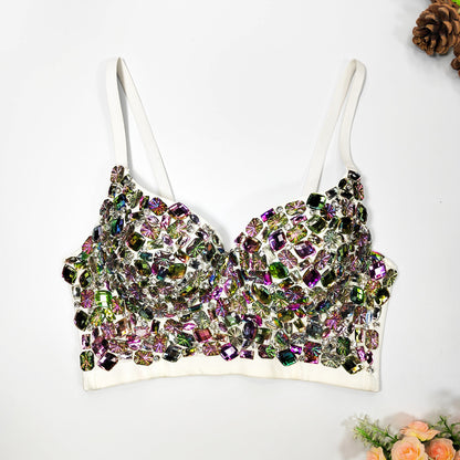 Adjustable Shapewear Beaded Colorful Crystals Tube Top Short Type Polygon Rhinestone Boning Corset Bra Outer Wear Vest