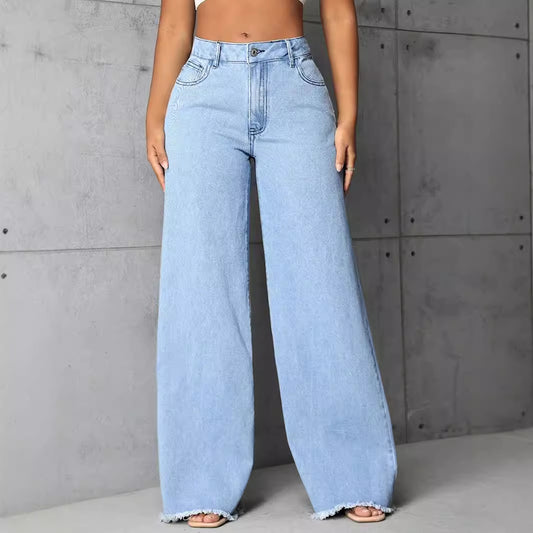 Women Clothing Mop High Waist Straight Wide Leg Jeans Trousers