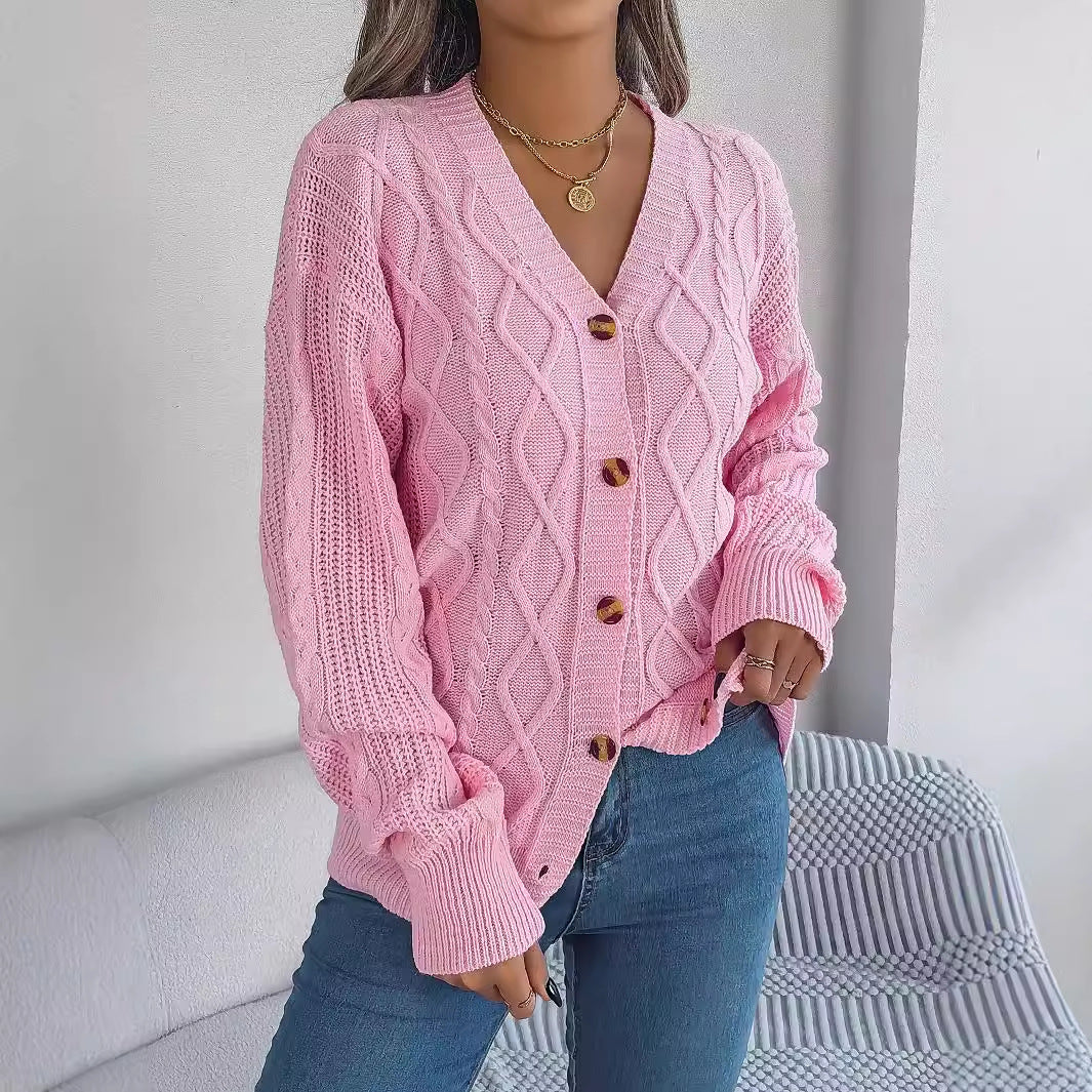 Autumn Winter Casual V Neck Lantern Sleeve Twist Button Knitted Cardigan Sweater Coat Women Clothing