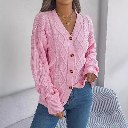 Autumn Winter Casual V Neck Lantern Sleeve Twist Button Knitted Cardigan Sweater Coat Women Clothing