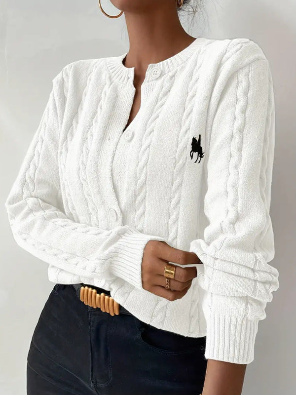 Women Sweater Cardigan Round Neck Single Breasted Twist Thread Pony Jacquard Knitted Coat