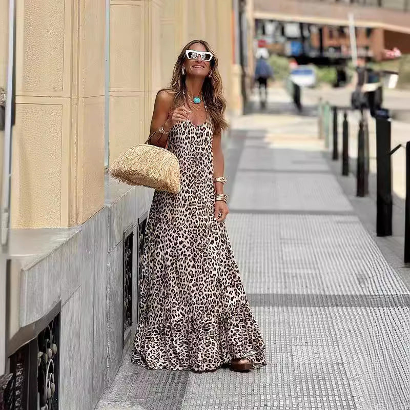 Leopard Print Printed V neck Halter Backless Sexy Cami Dress