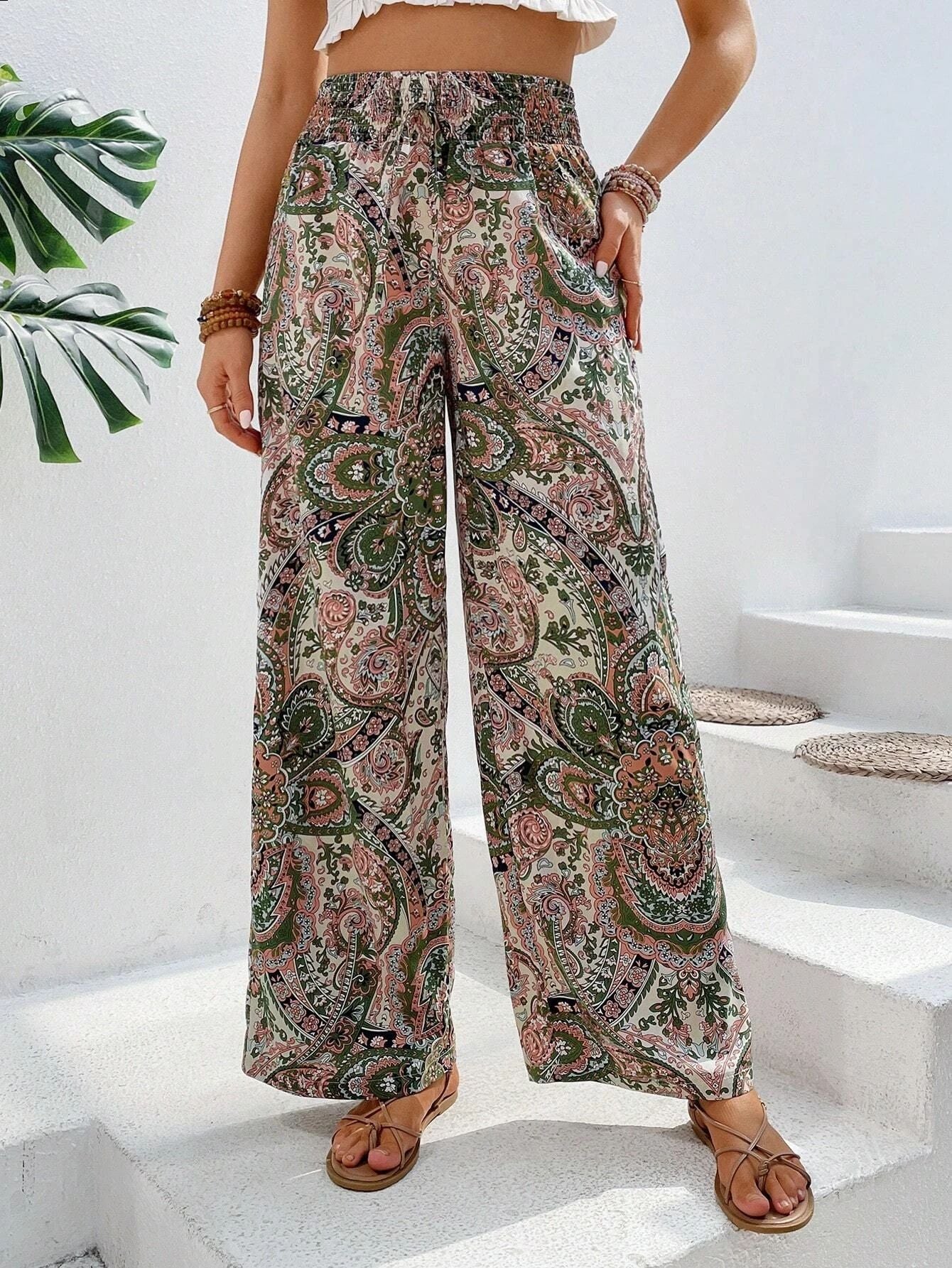 Women Clothing Summer All Match Printed Elastic Waist Wide Leg Pants