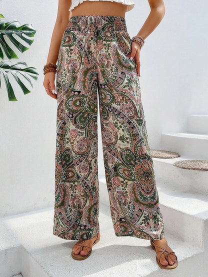 Women Clothing Summer All Match Printed Elastic Waist Wide Leg Pants