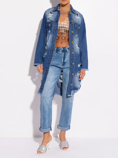 Denim Jacket Ripped Mid Length Tearing Wind Women Cowboy Coat