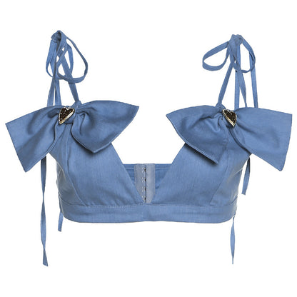 3D Bowknot Summer Trends Women Sling Backless Slim Fit Solid Color Denim Vest