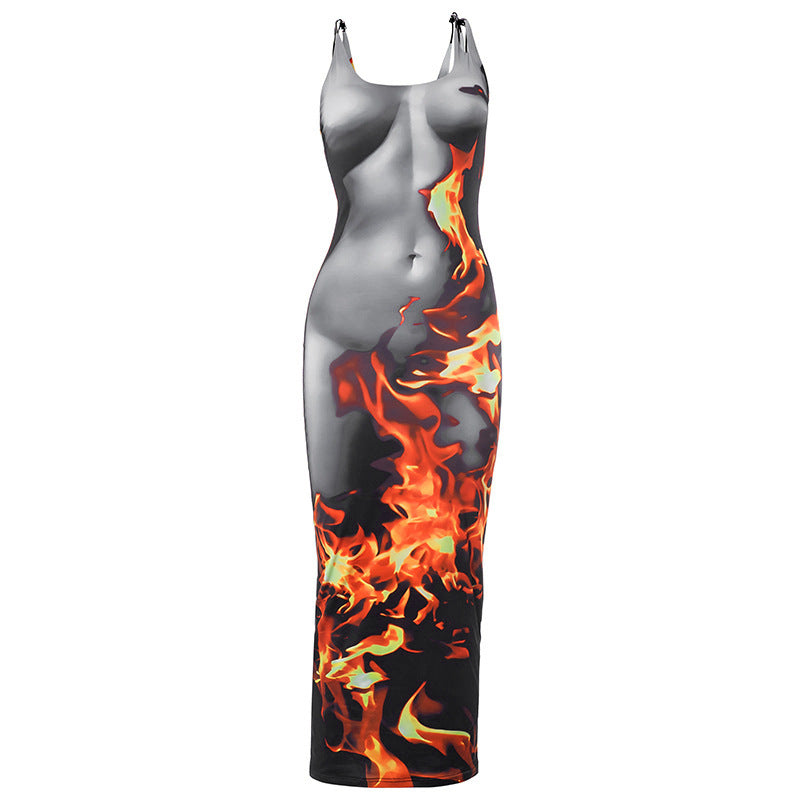 Sleeveless Pullover Flame Print Slim Fit High Waist Long Sheath Dress