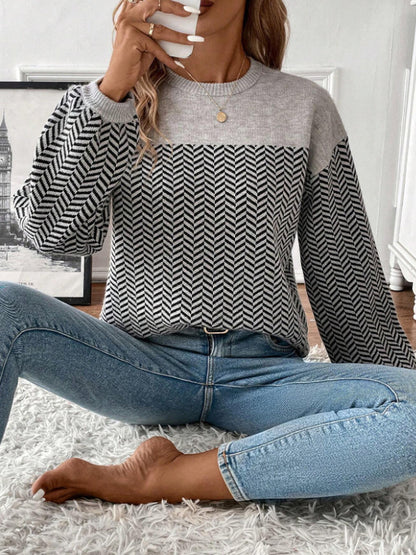 Women Knit Shirt Autumn Winter Color Matching Geometric Abstract Jacquard Pullover round Neck Long Sleeves Sweater for Women