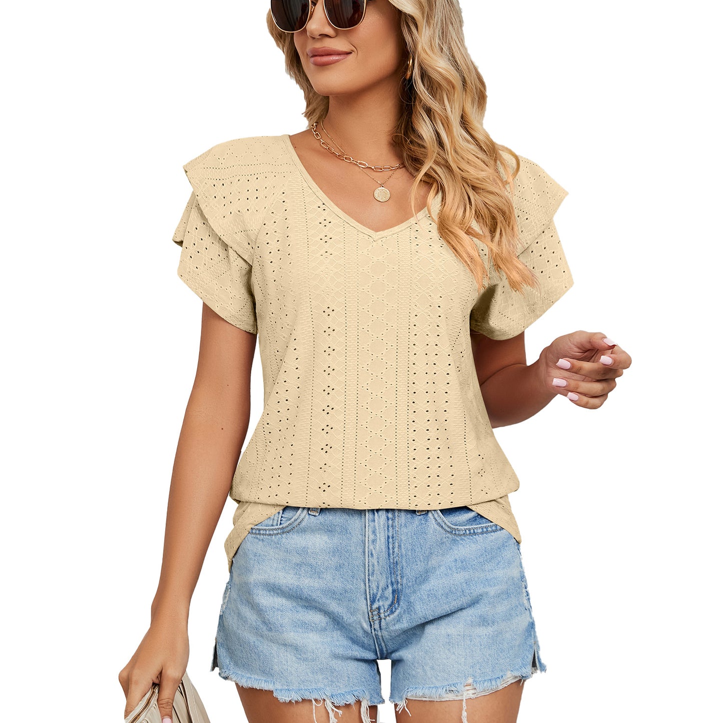 Spring Summer Solid Color Double Layer Sleeve V neck Loose Short Sleeve T shirt Top Women