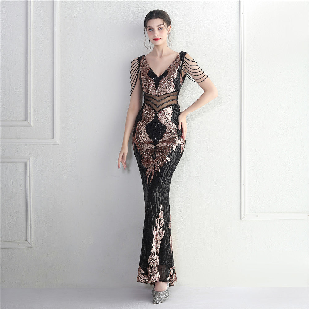 Positioning Floral Heavy Industry Beaded Long Fish Tail Evening Dress Suitable Attending Formal Occasions