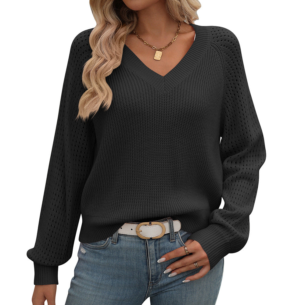 Women's Clothing Autumn Winter Hollow Out Cutout out V-neck Long Sleeve Sweater Women