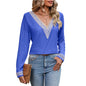 Fall Women Clothing V-neck Golden Lace Solid Color Hole Long Sleeve T-shirt