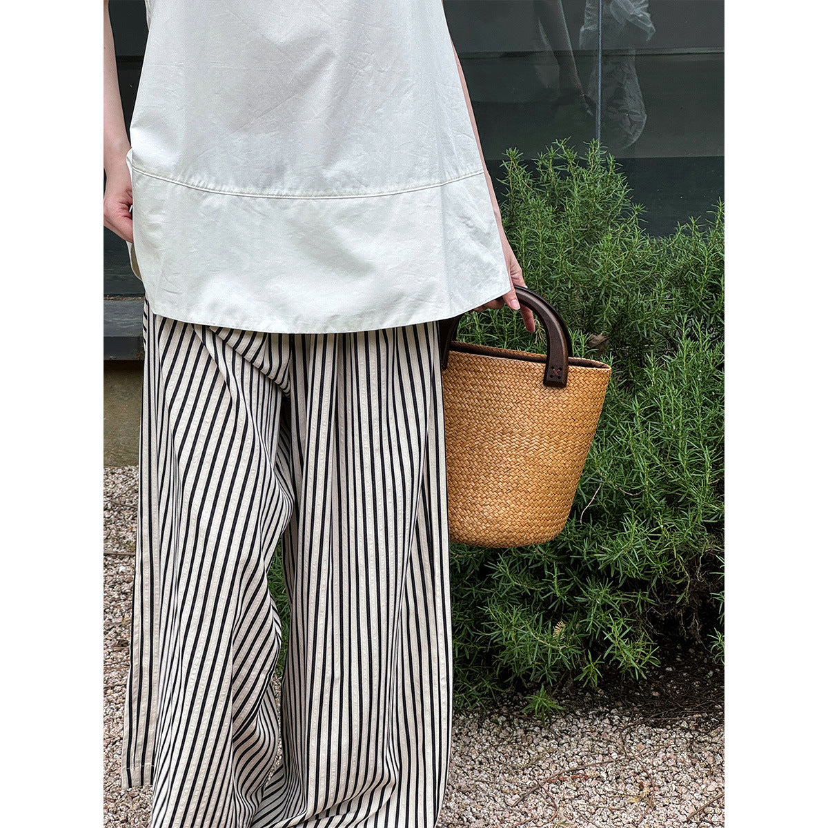 Drooping Loose Feeling Striped Wide Leg Pants Women Elastic Waist Casual Pants Minimalist All Match Lazy Pants