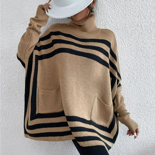 Knitted Women Clothing Turtleneck Striped Batwing Sleeve Cape Shawl Sweater Coat Women