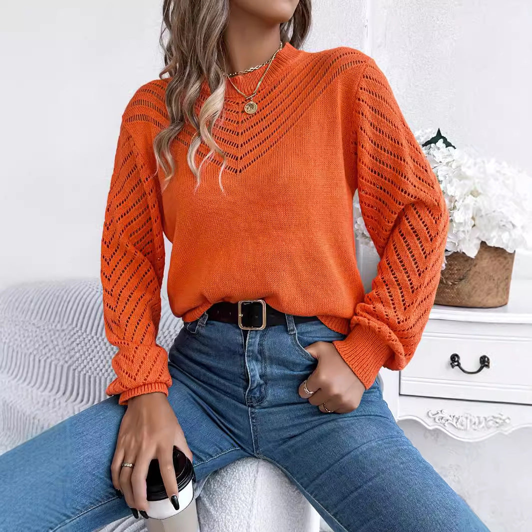 Autumn Winter Casual Solid Color Round Neck Hollow Out Cutout Out Lantern Sleeve Pullover Sweater Women Clothing