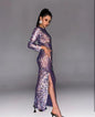 Women Clothes High Split Maxi Dress Mesh Rhinestone Round Neck Dress