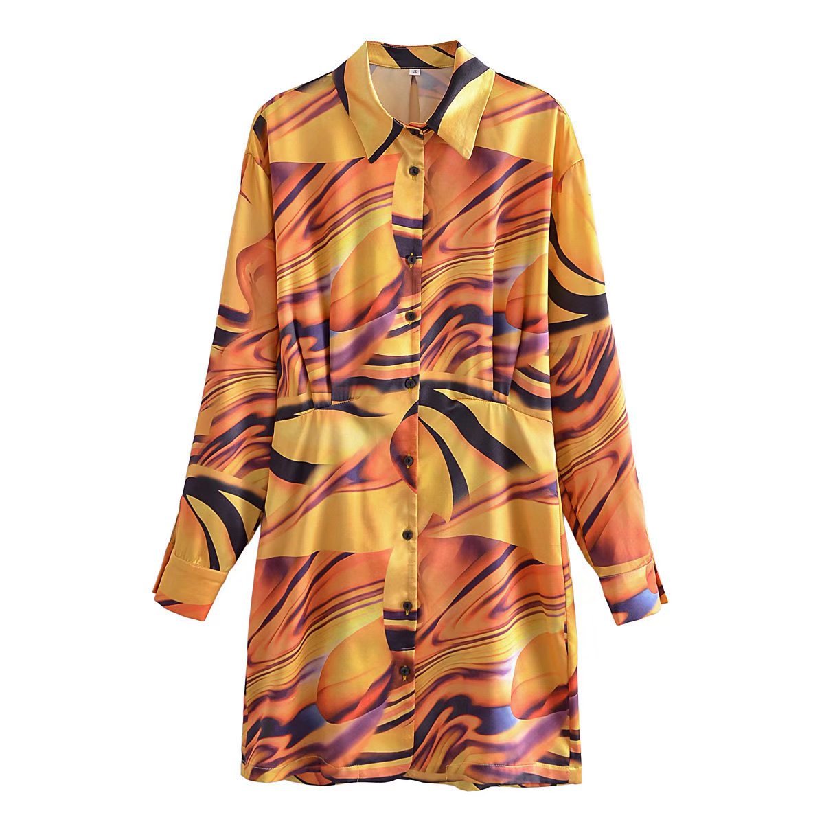 Summer Retro Collared Long Sleeve Dress with Prints Women