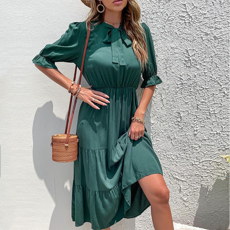 Summer Women Clothing Wrinkle Bow Ribbon Solid Color Dress