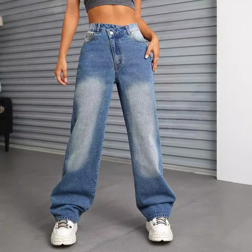 Women Clothing Wide Leg Slimming Straight Mop Jeans Trousers