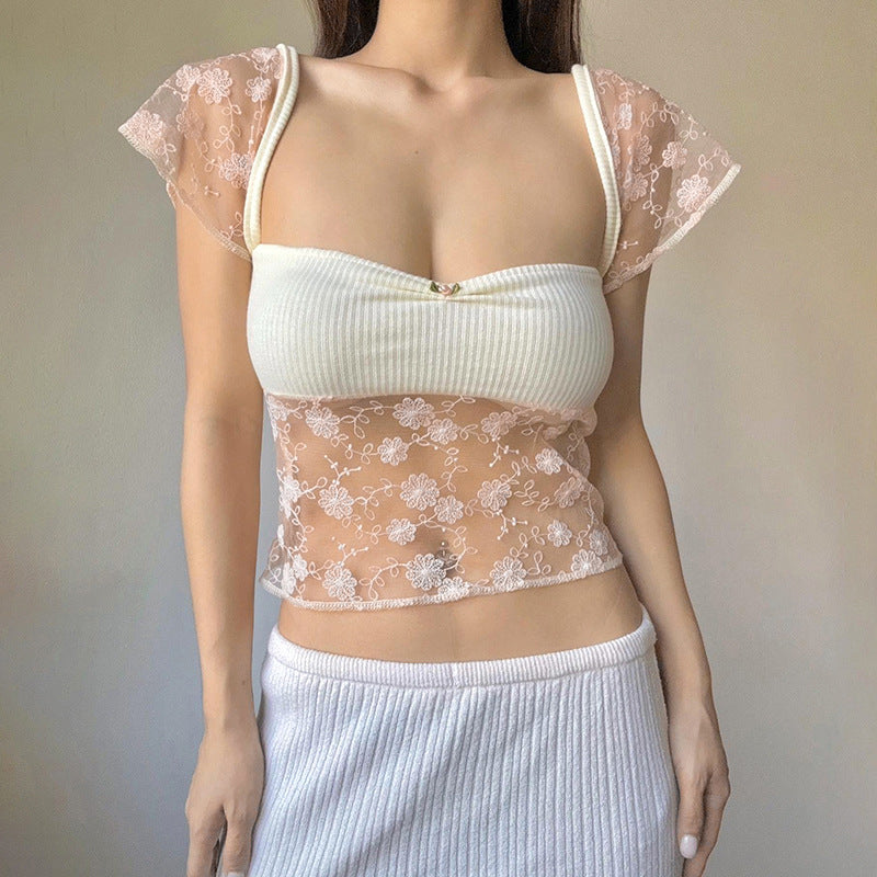 Women Clothing Summer Solid Color Tube Top Sexy Lace Slim Fit Patchwork Cropped Top