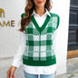 Women Clothing Autumn Winter College V Collar Contrast Color Plaid Pullover Vest