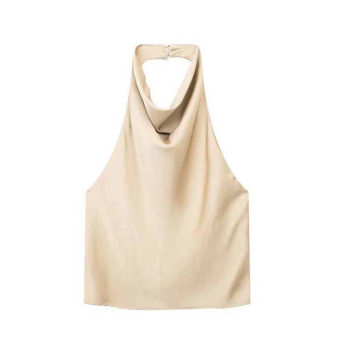 Spring Summer Women' Clothing Halter Silk Satin Texture Backless Short Small Top