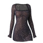 Best Women Clothes Sequined Rhinestone Sexy Semi See through Long Sleeve Short Dress