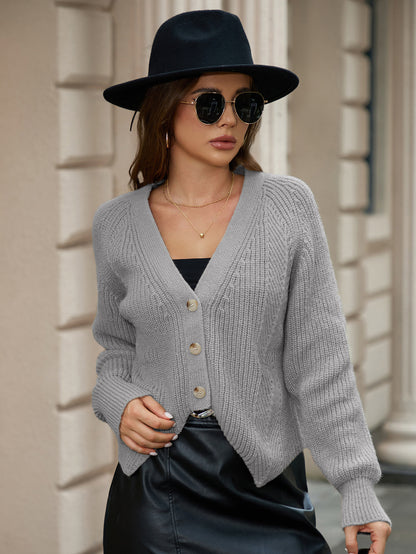 Women Sweater Elegant V Neck Single Breasted Vertical Pattern Sunken Stripe Knitted Cardigan Irregular Asymmetric Hem Top