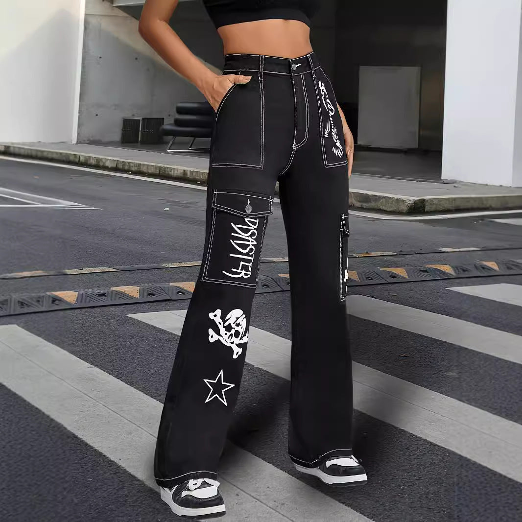 Retro Sexy Fried Street Overalls Loose Straight Leg Denim Printed Mopping High Waist Women Pants Fashionable