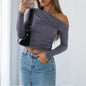 Women Clothing Spring Summer Casual Slim Solid Color Diagonal Collar Pullover Top