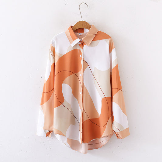 Women Print Loose Collared Long Sleeves Shirt