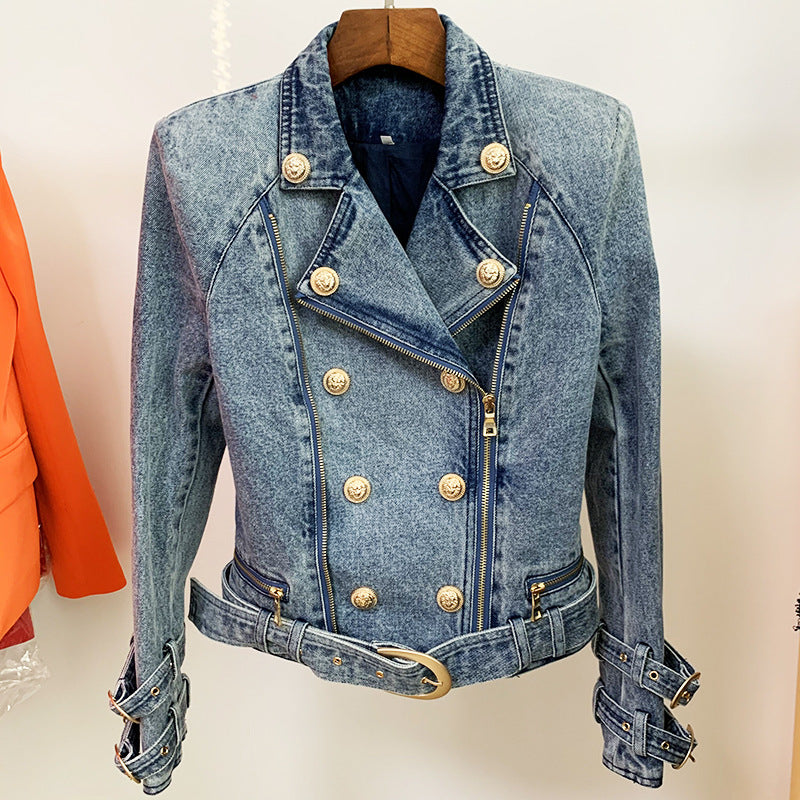 Women Coat Lion Buckle Slim Double Zipper Oblique Zipper Washed Denim Motorcycle Jacket