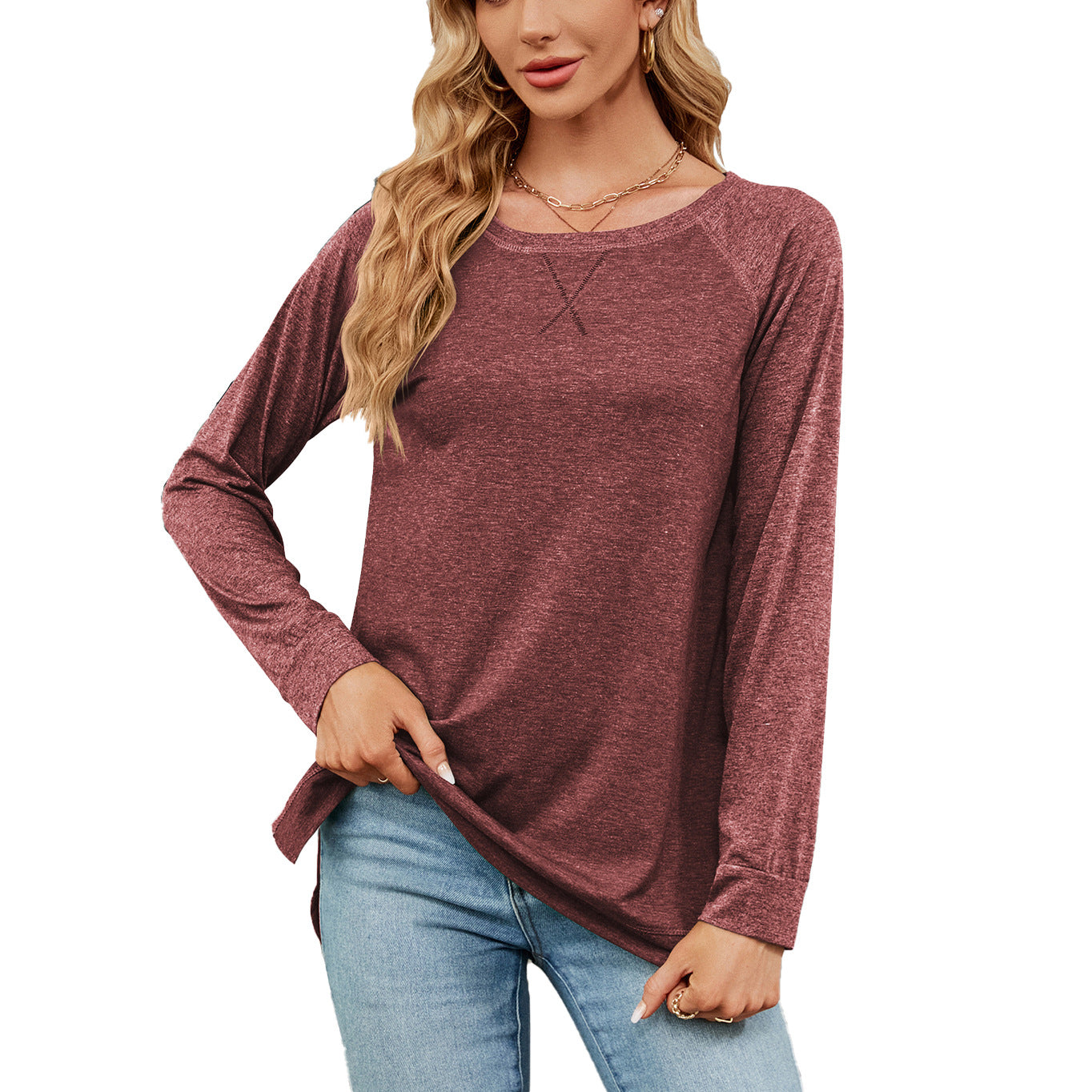 Autumn Winter round Neck Contrast Color Loose Long-Sleeved T-shirt Split Top Women