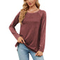 Autumn Winter round Neck Contrast Color Loose Long-Sleeved T-shirt Split Top Women