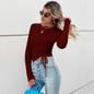 Winter Comfort Casual Irregular Asymmetric Short Pleating Slim Long Sleeve Women T shirt Tops