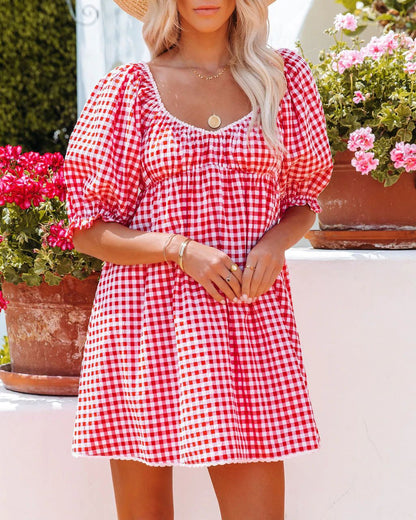 Women Clothing Summer New Sweet Plaid V-neck Stitched Backless Waist Babydoll Dress