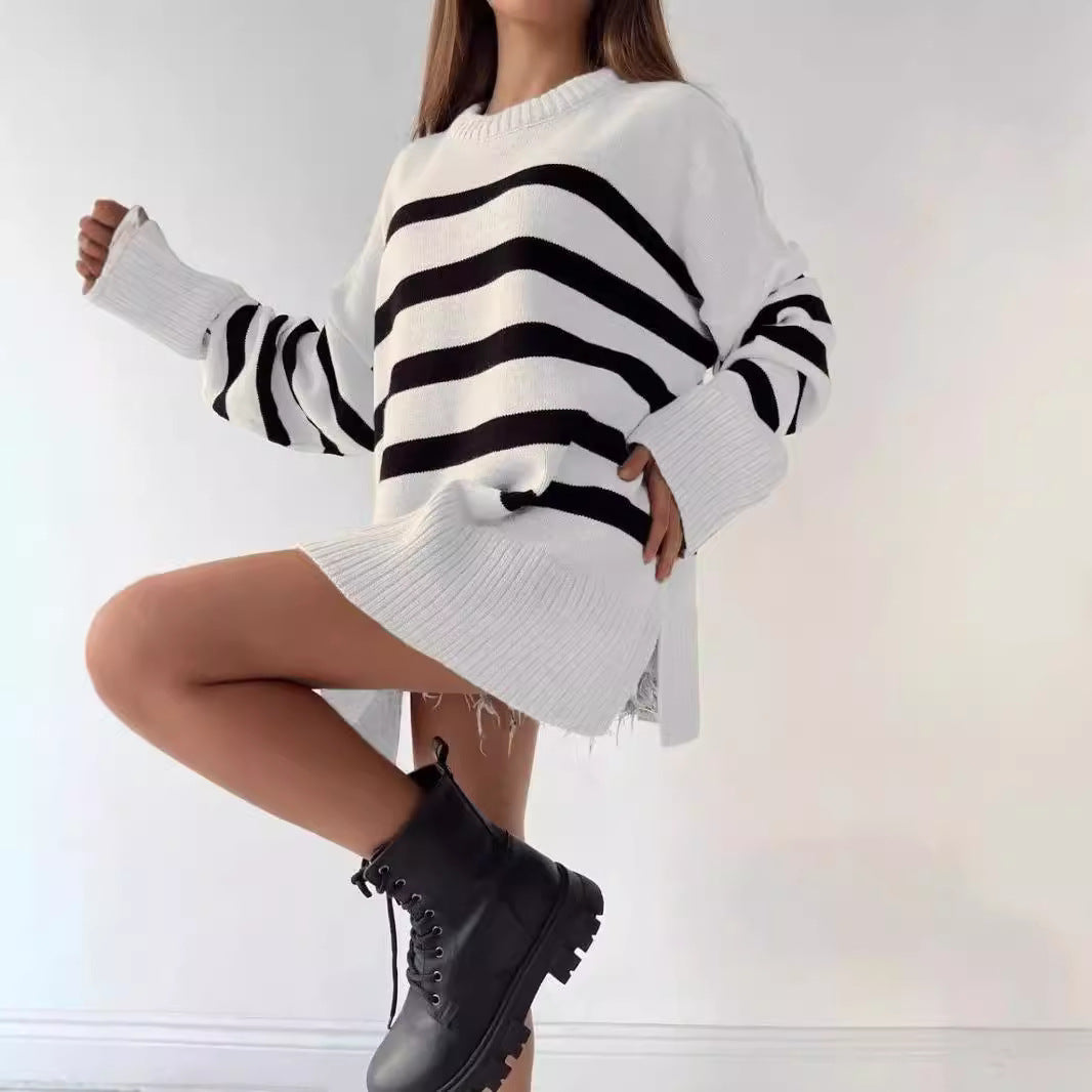 Women Knitwear Autumn Winter Casual Striped Loose Crew Neck Pullover Sweater Coat for Women