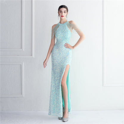 Heavy Industry Micro Glass Bead Craft Beaded Cocktail Evening Dress Elegant Long Halter Split Sequ