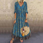 V-neck Three-Quarter Sleeve Vintage Printed Faux Two-Piece Women Dress Faux Two-Piece