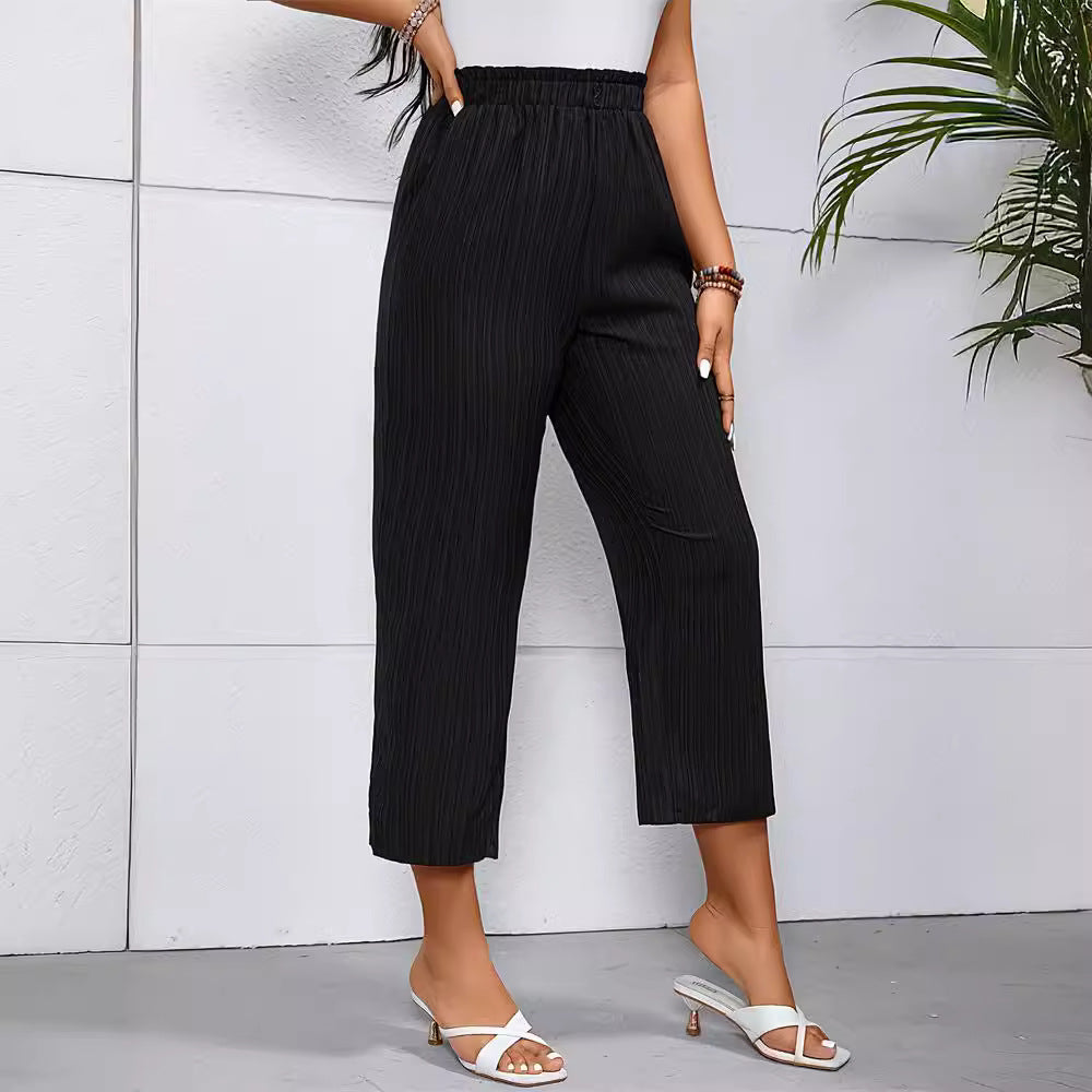 Elegant Pants Button Jacquard Straight Elastic Waist Wide Leg Cropped Pants Solid Color Office Casual Pants Women