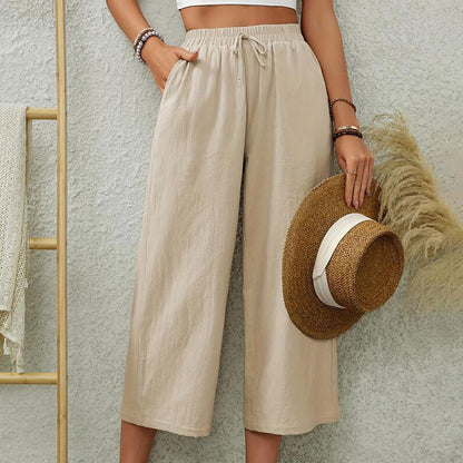 Elegant Cotton Linen Elastic Waist Pocket Wide Leg Cropped Pants Office Solid Color Straight Casual Women Pants