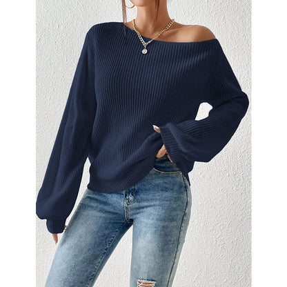 Diagonal Collar Strapless Sexy Sweater Autumn Winter Solid Color Loose Lazy Women Sweater