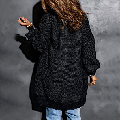 Autumn Solid Color Long Sleeved Cardigan for Women Long Loose Fleece lined Thermal Sweater