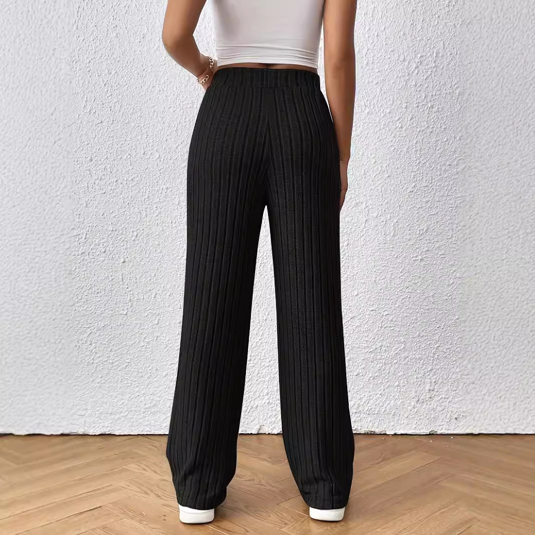 Pants Knot Waist Texture Knitted Wide Leg Trousers Elastic High Waist Solid Color Casual Loose Straight Women Pants