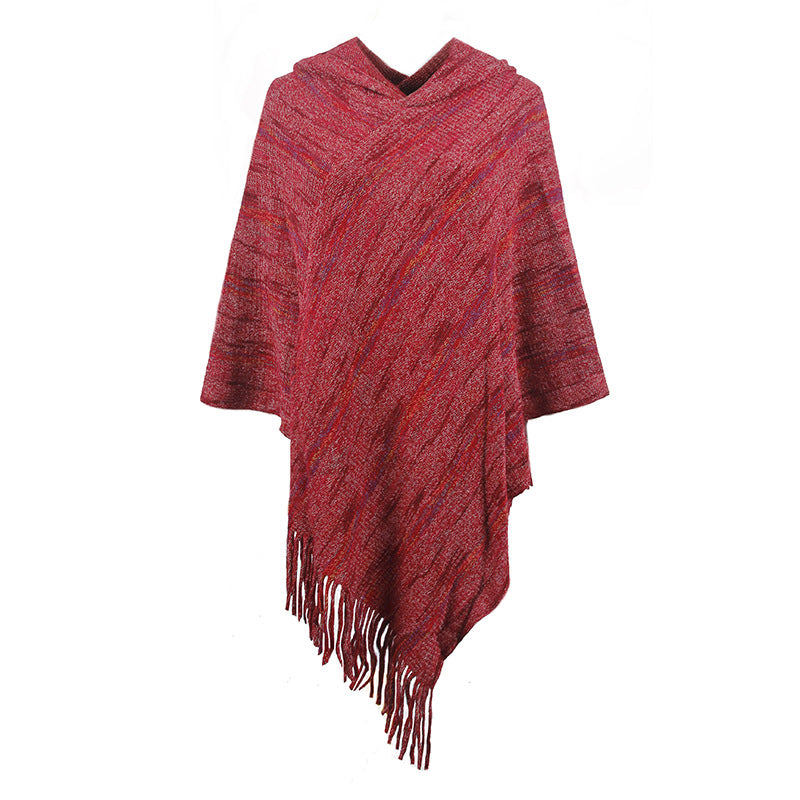 Hooded Striped Tassel Cape Shawl Women Autumn Winter Women Outer Scarf