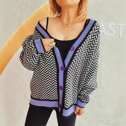 Women Clothing Street Cool Retro Color Effect Collar Single Breasted Cardigan Houndstooth Brocade Sweater Coat Women