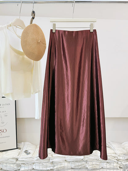 Silky Double Sided Satin Pleated Texture Skirt Fall Long A Line High Waist Sheath Floor Length Dress