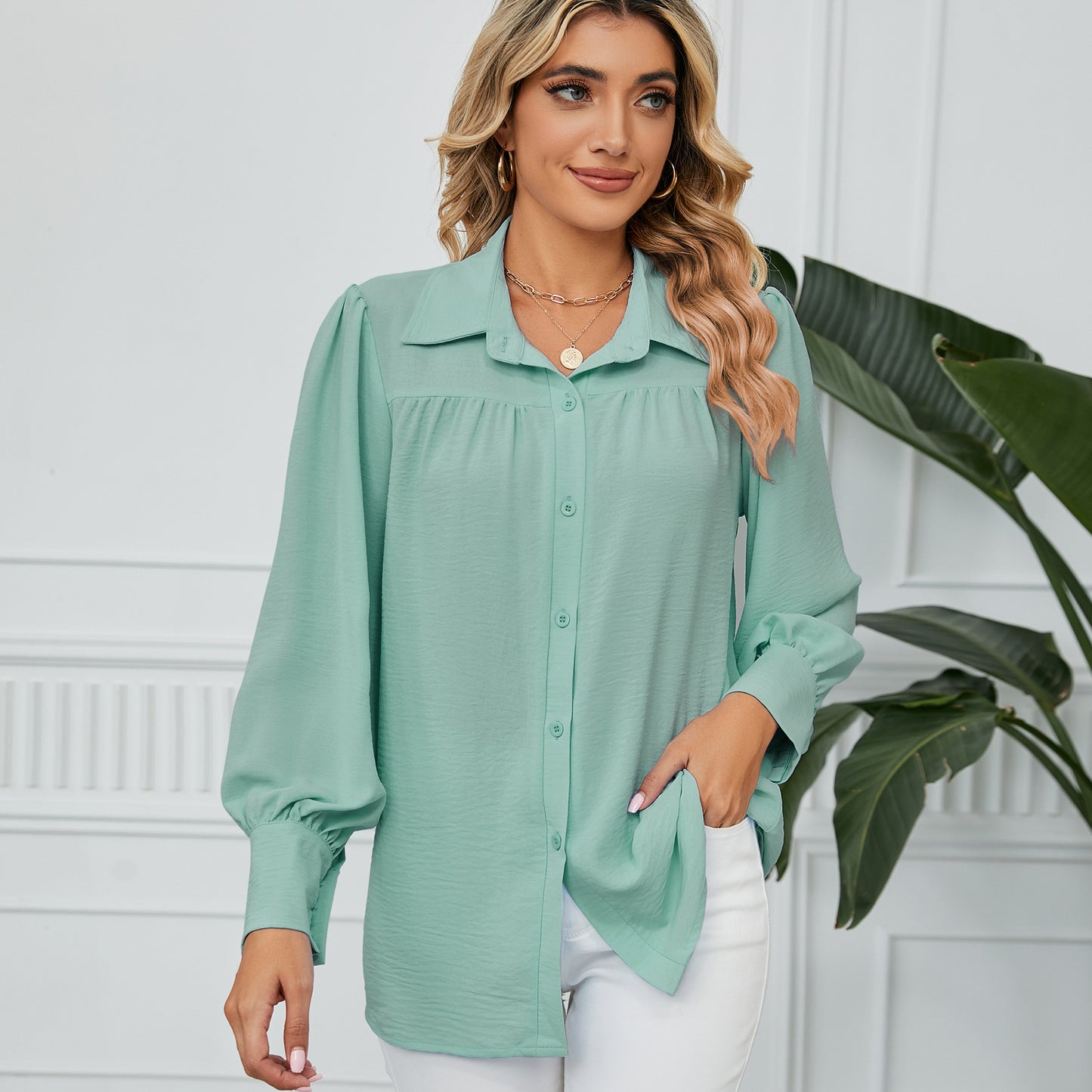Women Clothing Chiffon Loose Long Sleeve One Breasted Shirt Top