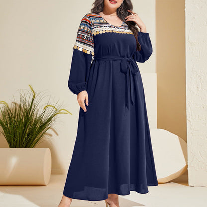 Plus Size Spring Autumn Retro Elegant Sequ Age Reducing Lace up Waist Controlled Maxi Dress