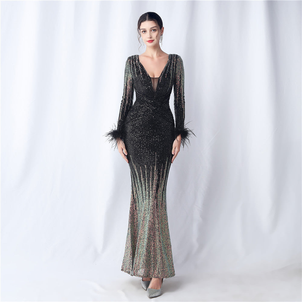 Craft Order Ostrich Feather Gradient Sequin Long Sleeve Evening Dress